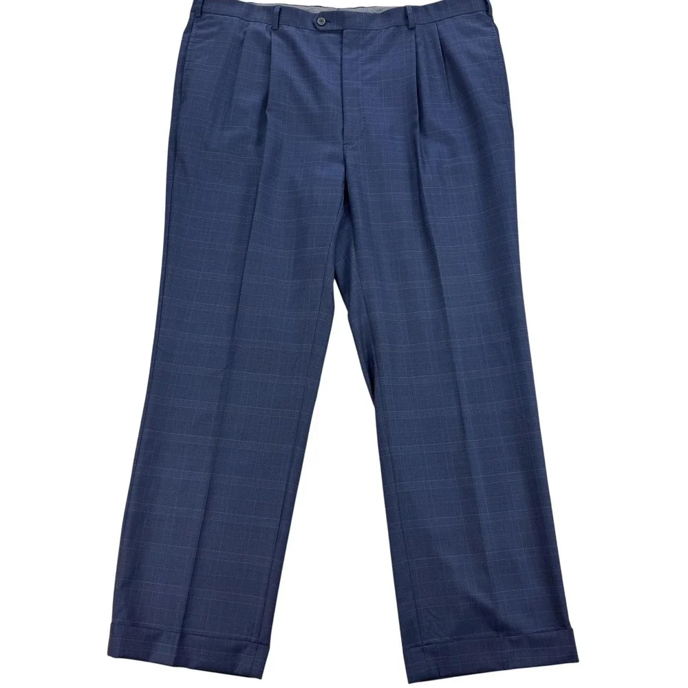 J Hilburn Dress Pants Mens 42x31 Blue Plaid‎ Vitale Barberis Wool Pleated Cuffed